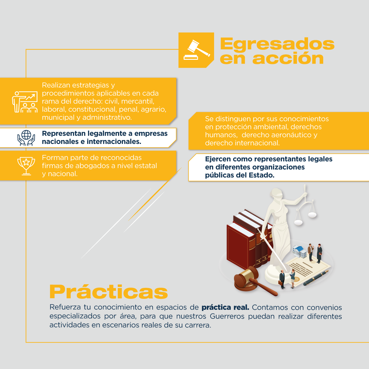 La licenciatura en Derecho te permite trabajar en diferentes áreas. Nosotros te preparamos para que tengas éxito en ellas. Conócelas.  